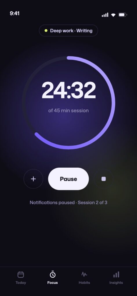 Loop Focus screen with a running 45 minute session