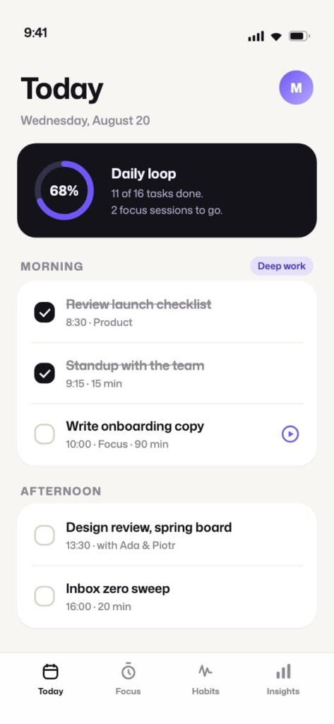 Loop Today screen with daily loop progress and tasks