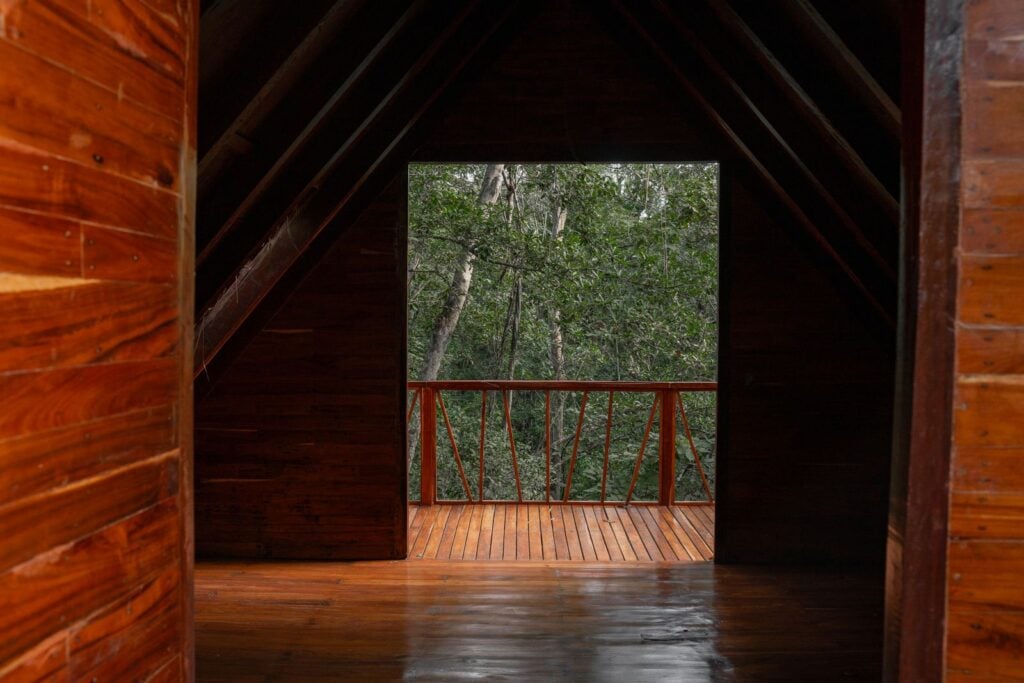 A dark timber attic opening onto a forest deck