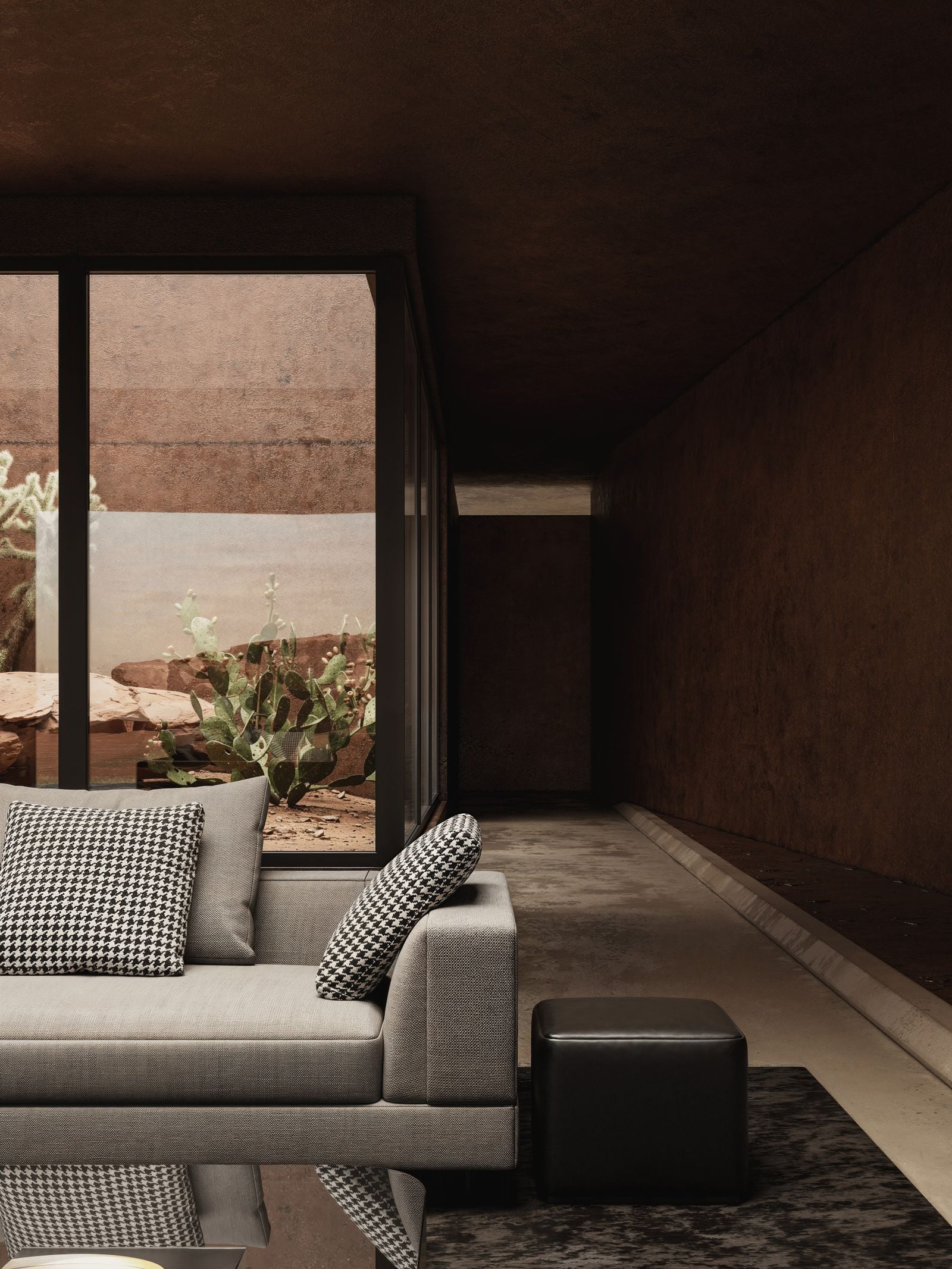 A dark timber living room open to a courtyard