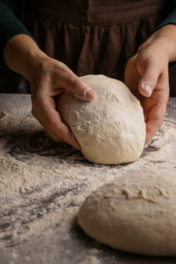A baker's hands shaping a round of dough on a floured bench