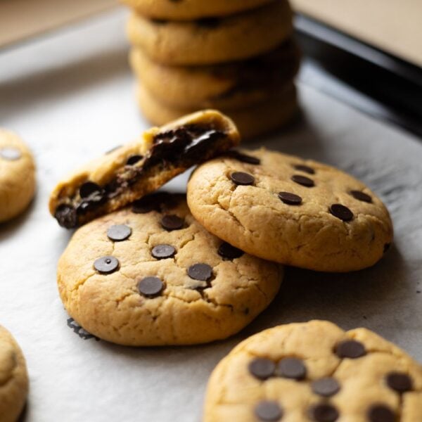 Chocolate chip cookies on a baking sheet