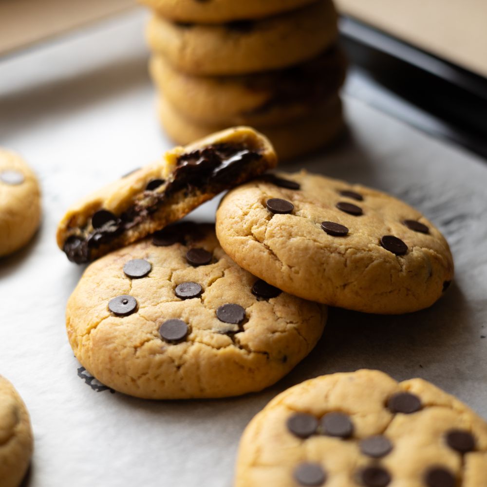 Chocolate chip cookies on a baking sheet