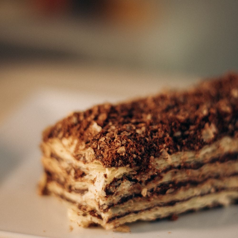 Close-up of a slice of tiramisu