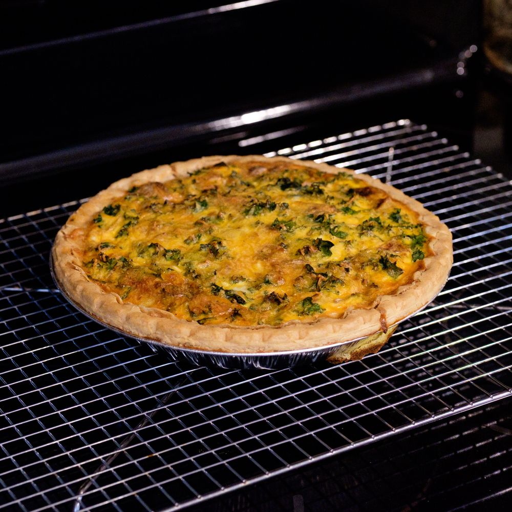 Leek quiche cooling on a rack