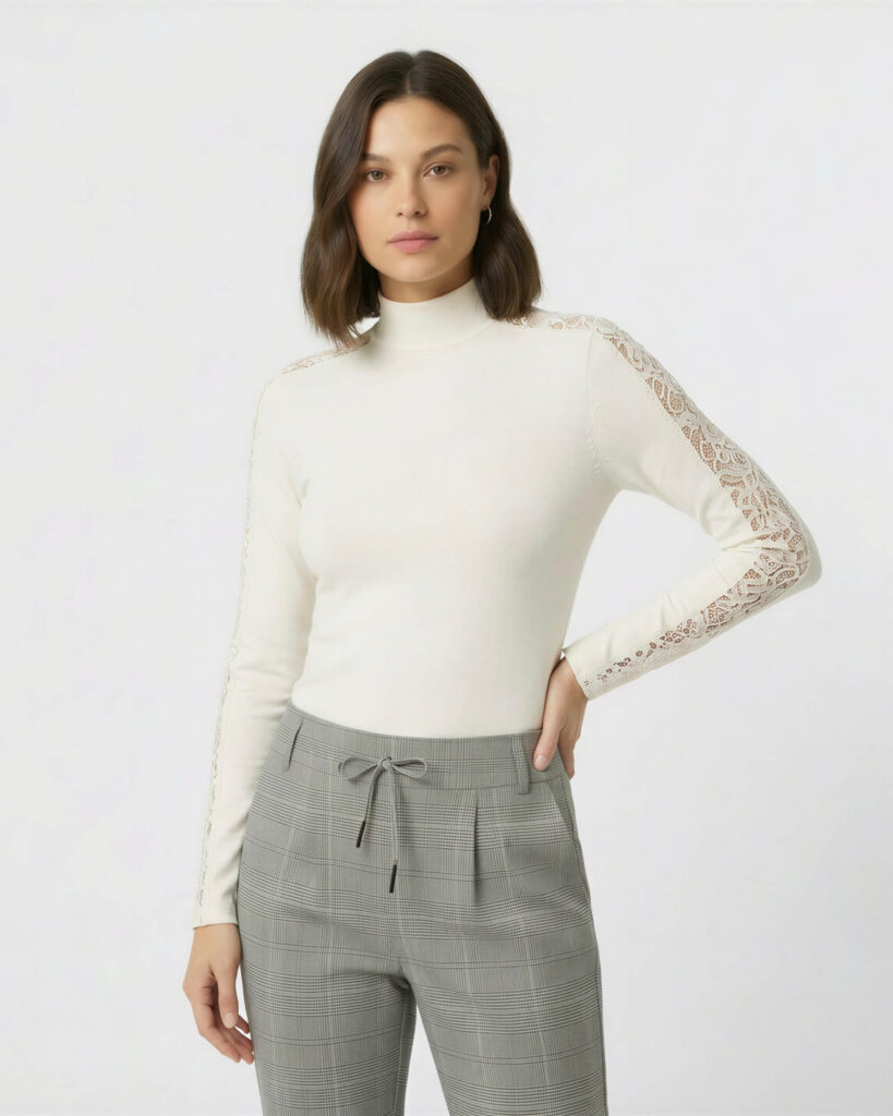 Lace Sleeve Turtleneck Top, Off White