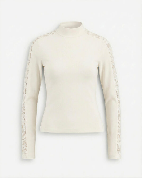 Lace Sleeve Turtleneck Top, Off White