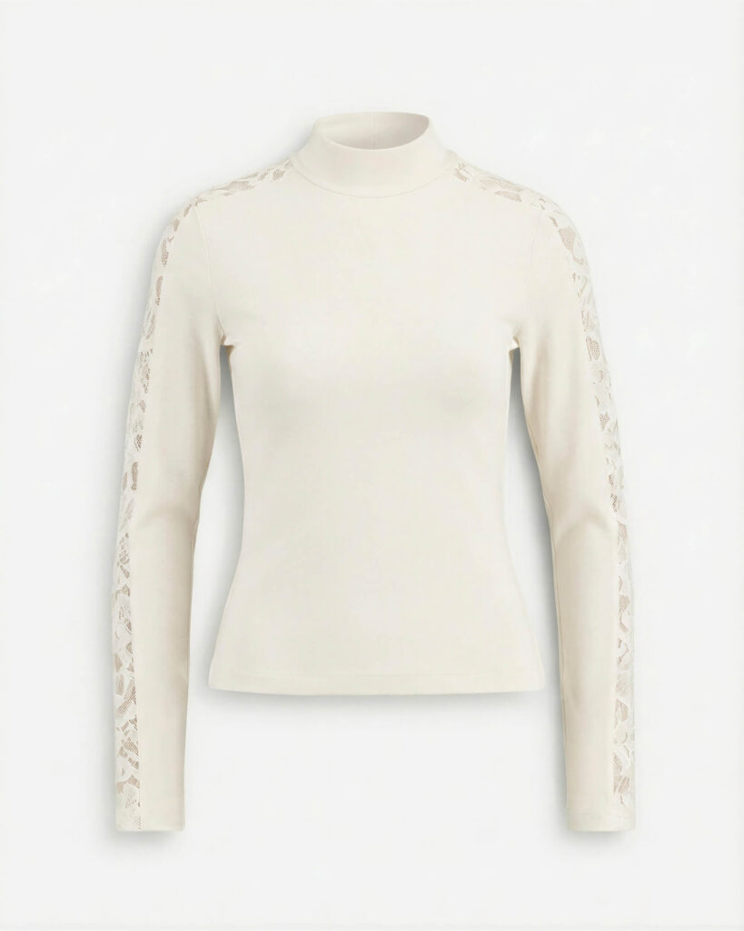 Lace Sleeve Turtleneck Top, Off White