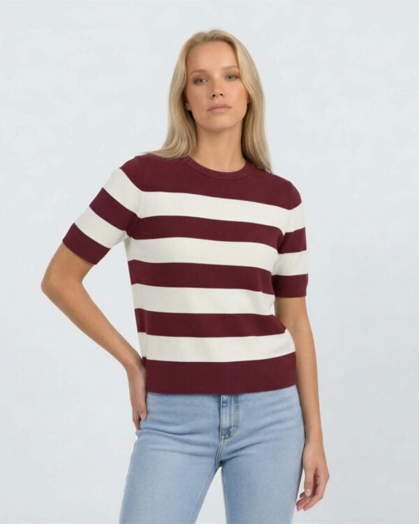 Striped Knit Tee, Burgundy
