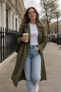 Customer walking with a coffee wearing the olive city trench layer