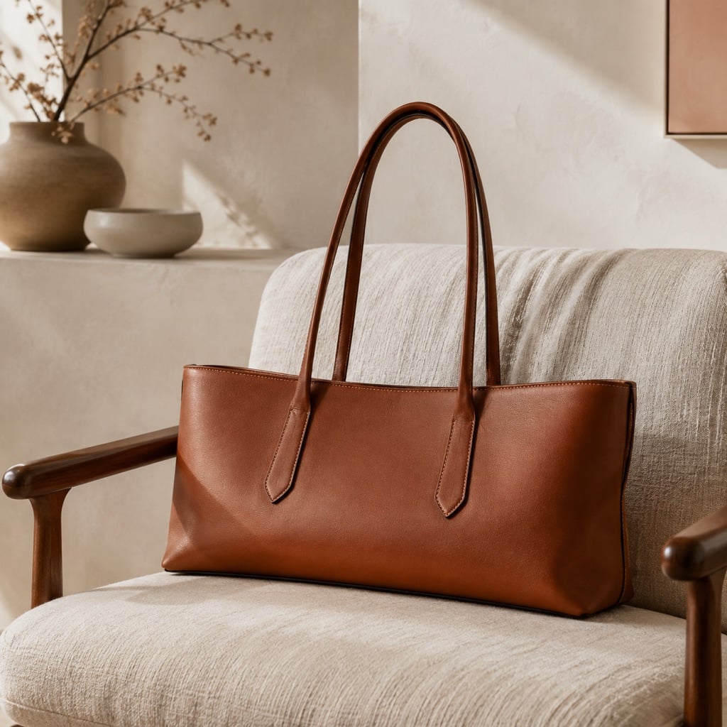 Cognac leather east-west tote resting on a linen armchair