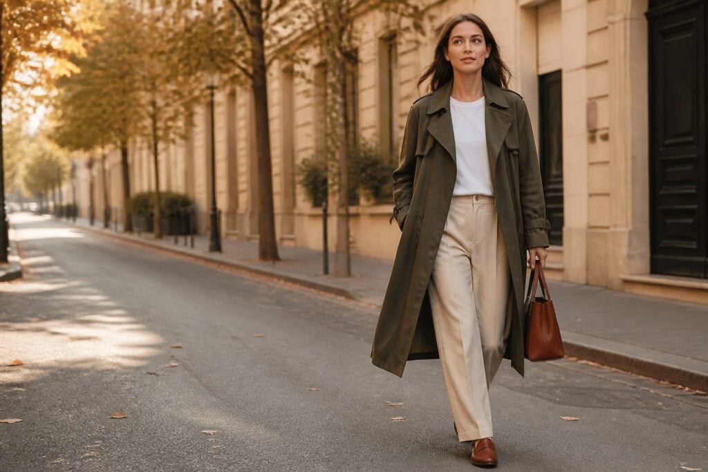 Woman in an olive trench coat and cream trousers crossing a tree-lined street