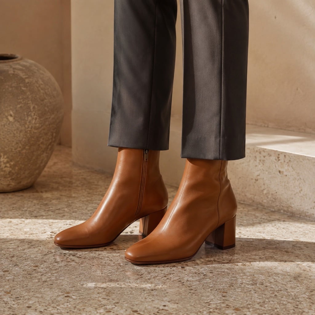 Cognac block-heel ankle boots with charcoal trousers on a terrazzo floor