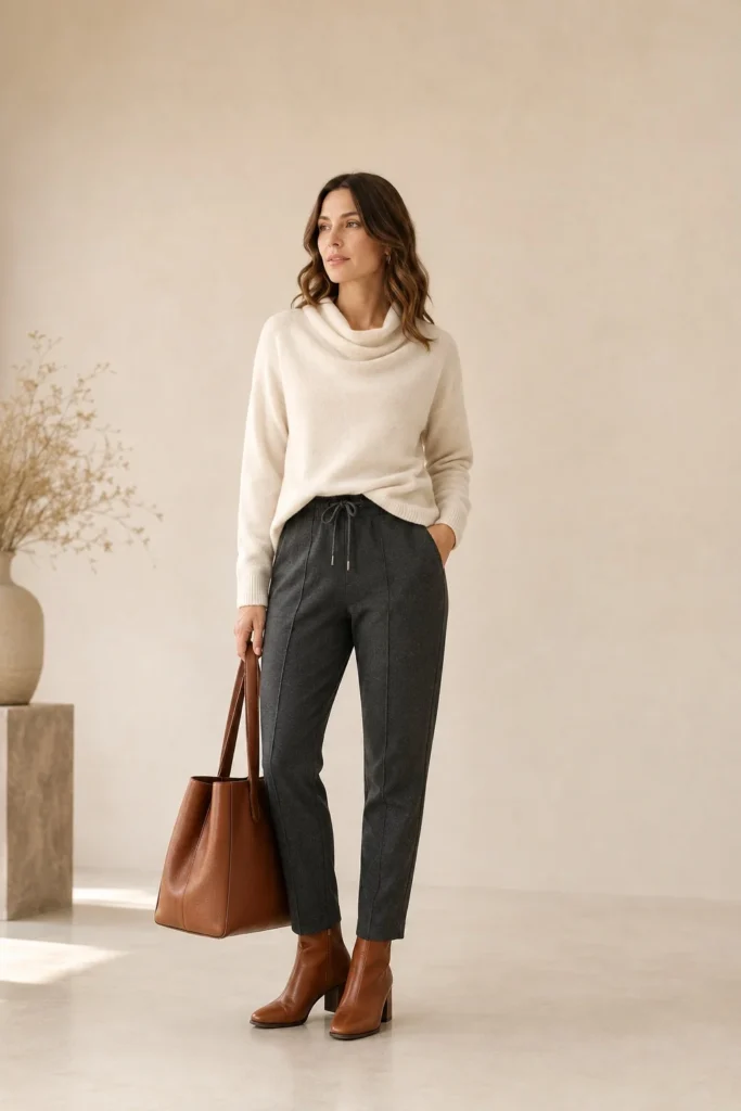 Full-body look with a cream draped knit, charcoal drawcord trousers, cognac ankle boots and a cognac tote