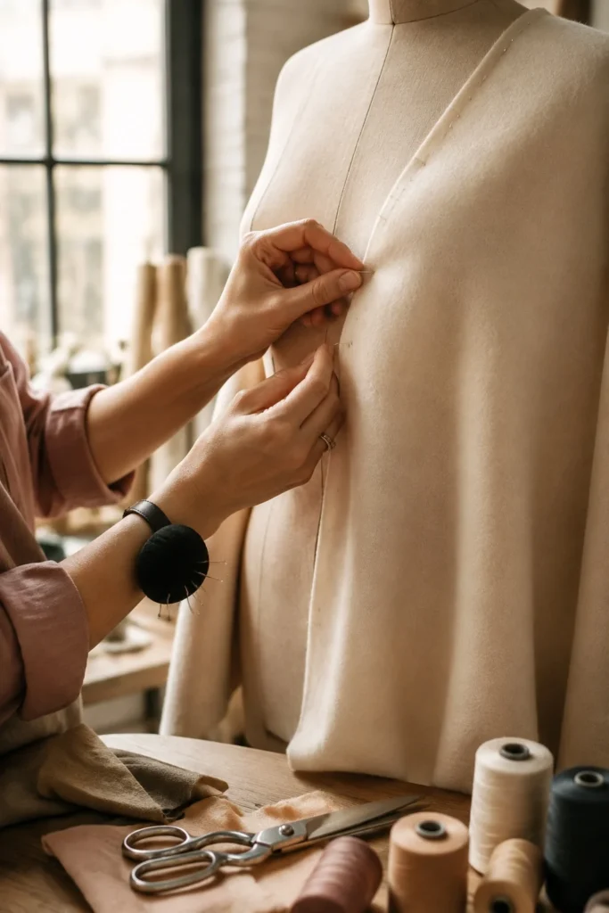 Seamstress hands pinning cream wool fabric on a dress form in a sunlit atelier