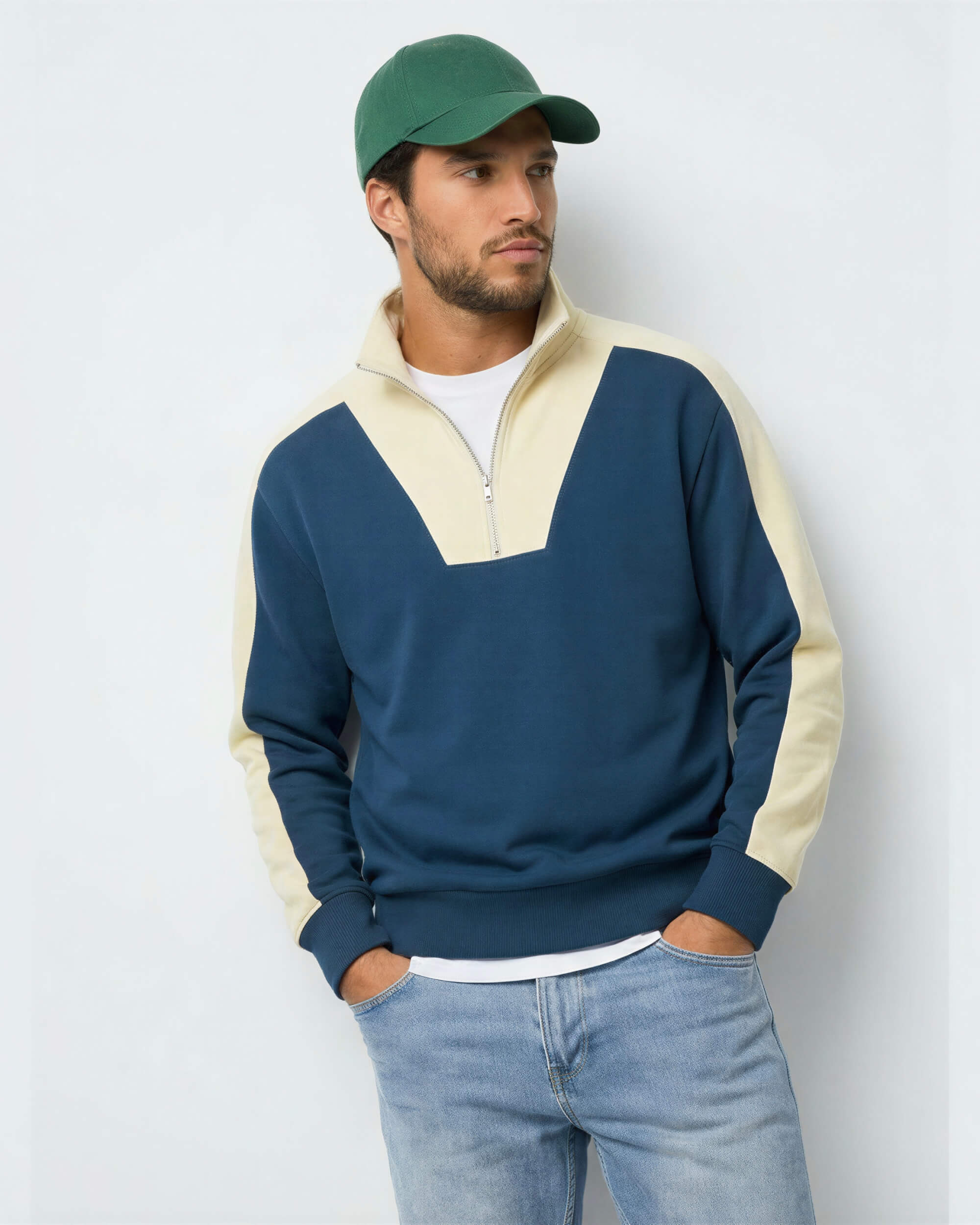 Quarter-Zip Panel Jumper in Creamy Blue