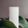 White deodorant stick beside green leaves