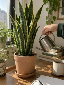 Hands watering a Snake Plant on a wooden desk by a window.