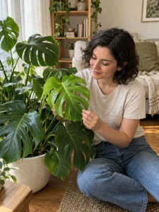 A woman tending a Monstera beside a sunlit living-room window.