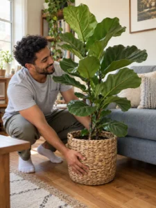 A man placing a Fiddle Leaf Fig in a woven planter in his living room.