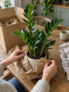 Hands unpacking a ZZ Plant from a cardboard box on a kitchen table.