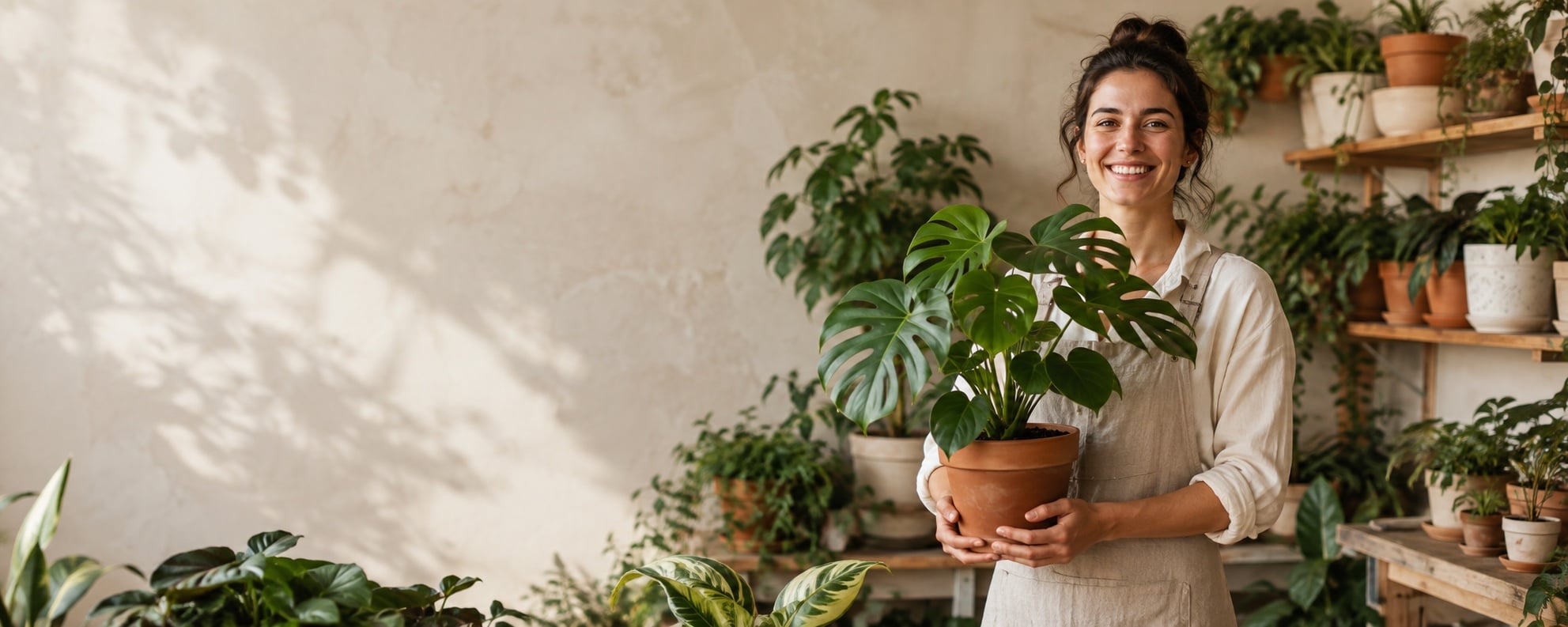 A smiling woman in a plant shop holding a potted Monstera and looking at the camera.