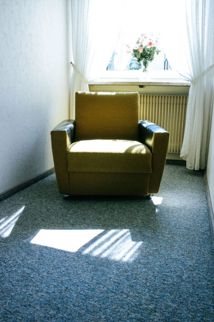 Olive green armchair in a sunlit corner