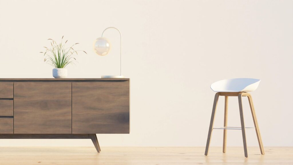 Walnut sideboard against a white wall