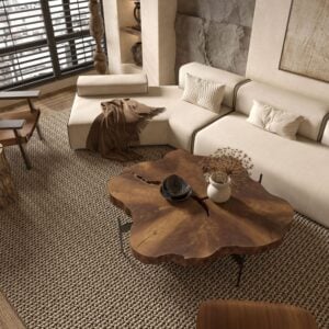 White sofa, live-edge coffee table and jute rug in a bright living room
