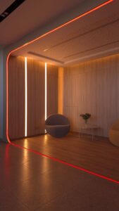 Warm LED strip lighting in a neutral room