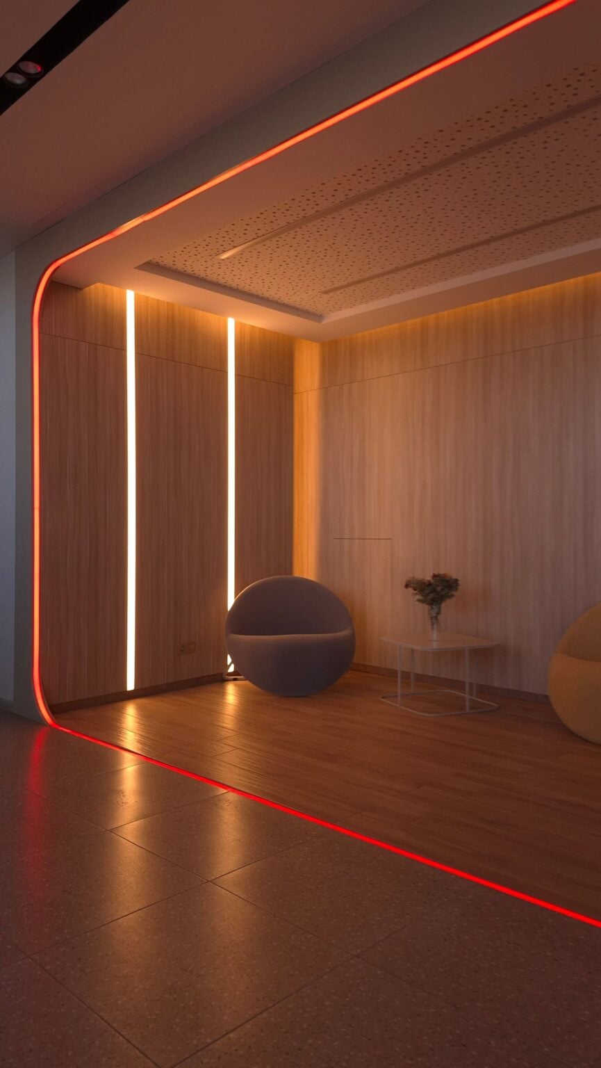 Warm LED strip lighting in a neutral room