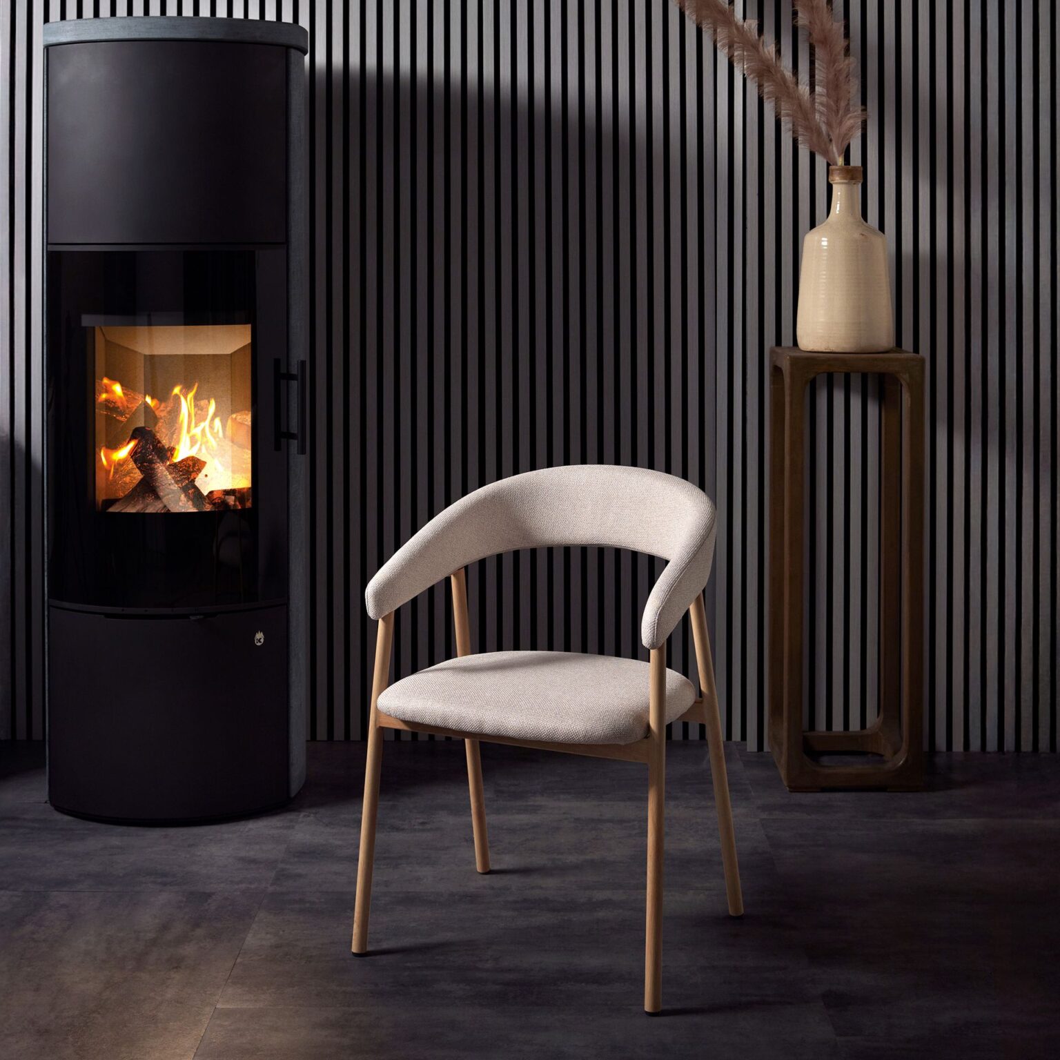 Upholstered dining chair on oak legs
