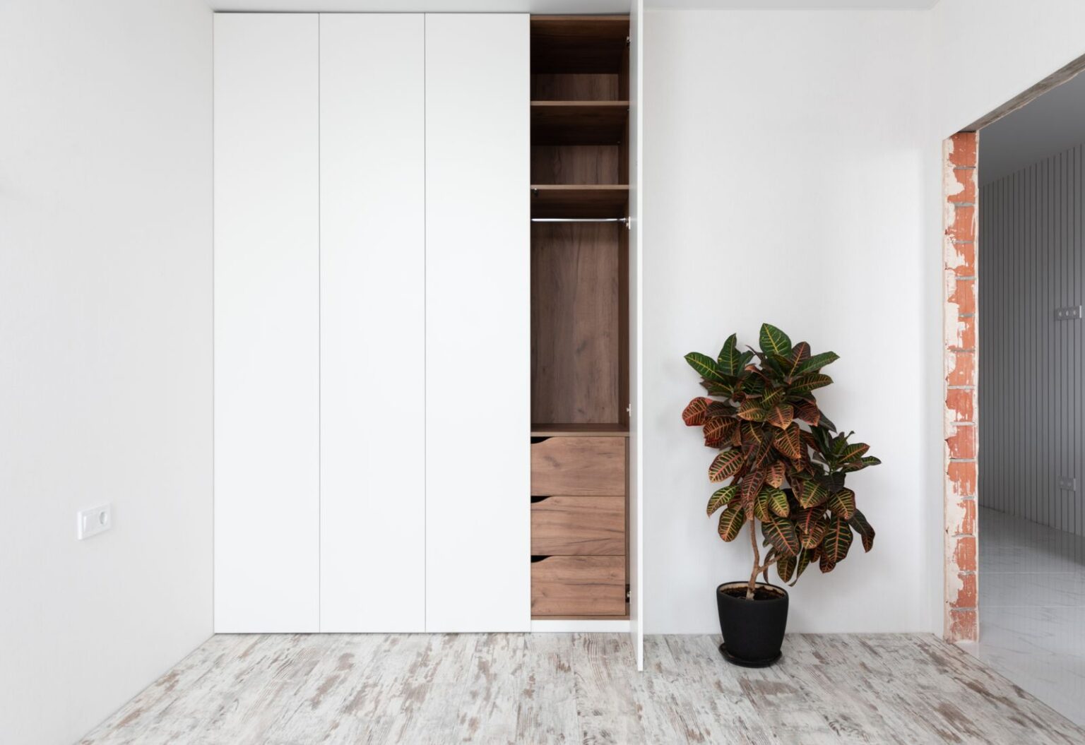 White wardrobe with oak interior and a potted plant