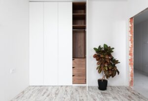 White wardrobe with oak interior and a potted plant