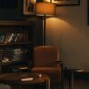 A dark study with a floor lamp glowing beside an armchair