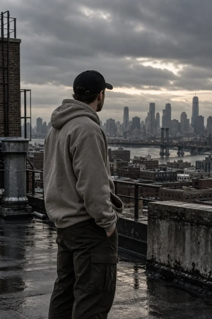 Man in a black six-panel cap and stone hoodie looking over a city skyline