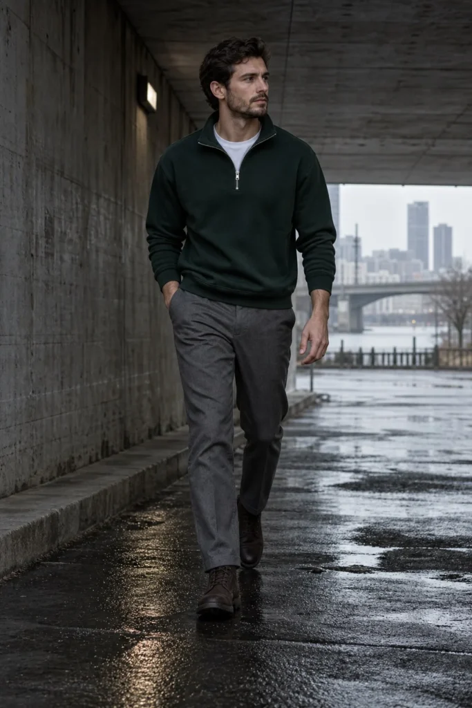 Man walking through a concrete underpass in a forest green half-zip and grey trousers