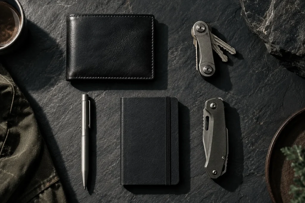 Flat lay of a leather wallet, key organizer, metal pen, pocket notebook and folding tool on slate