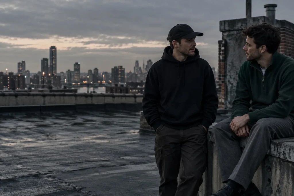 Two men talking on a rooftop at dusk in a hoodie and a half-zip