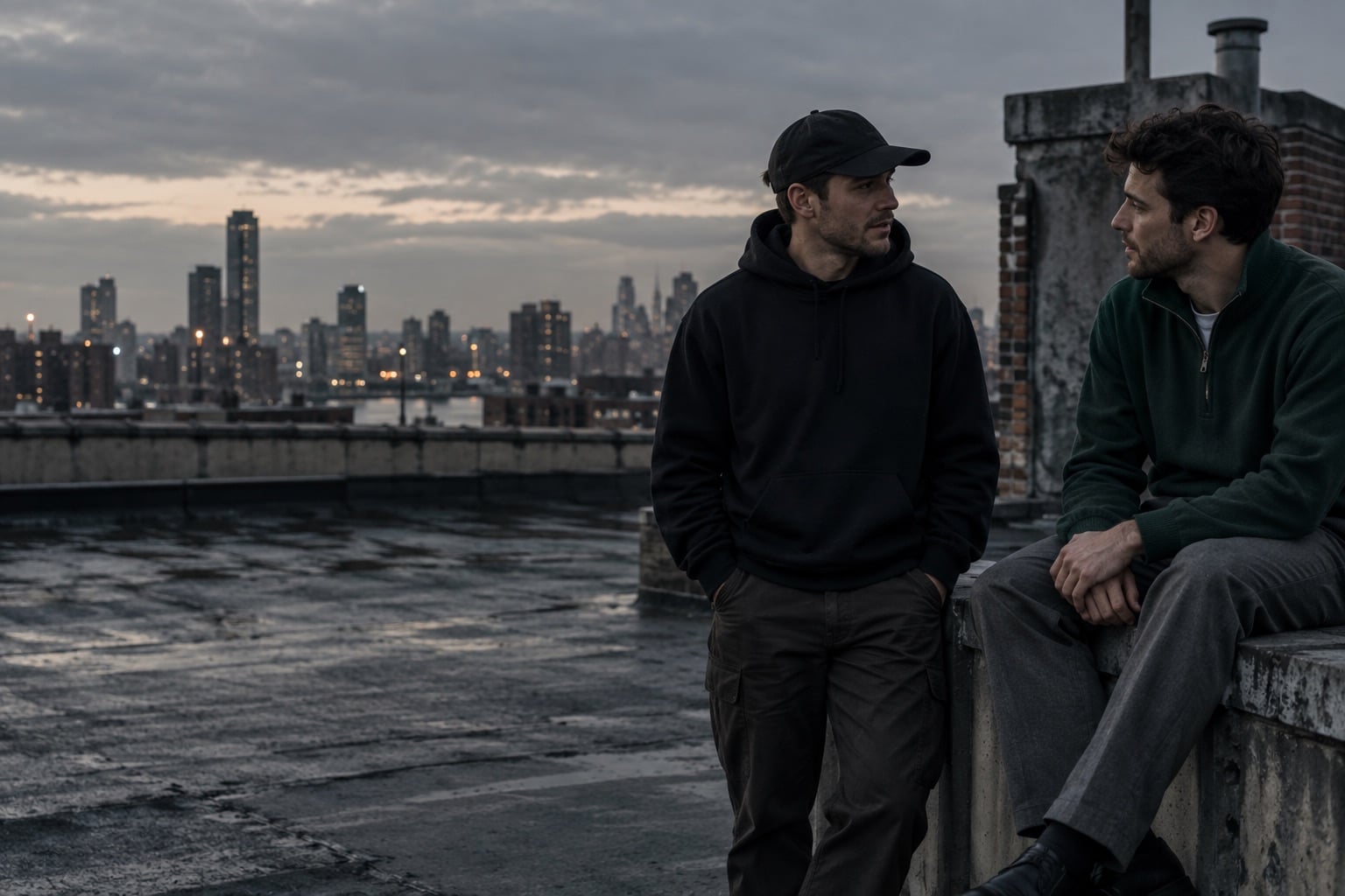 Two men talking on a rooftop at dusk in a hoodie and a half-zip