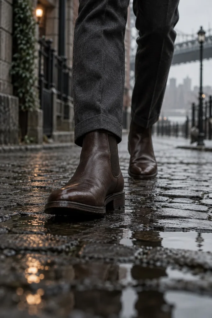 Espresso brown Chelsea boots stepping over wet cobblestones