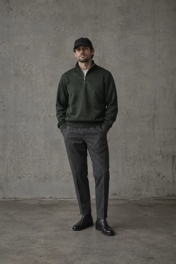 Full-body look with a black cap, forest green half-zip, graphite trousers and black Chelsea boots