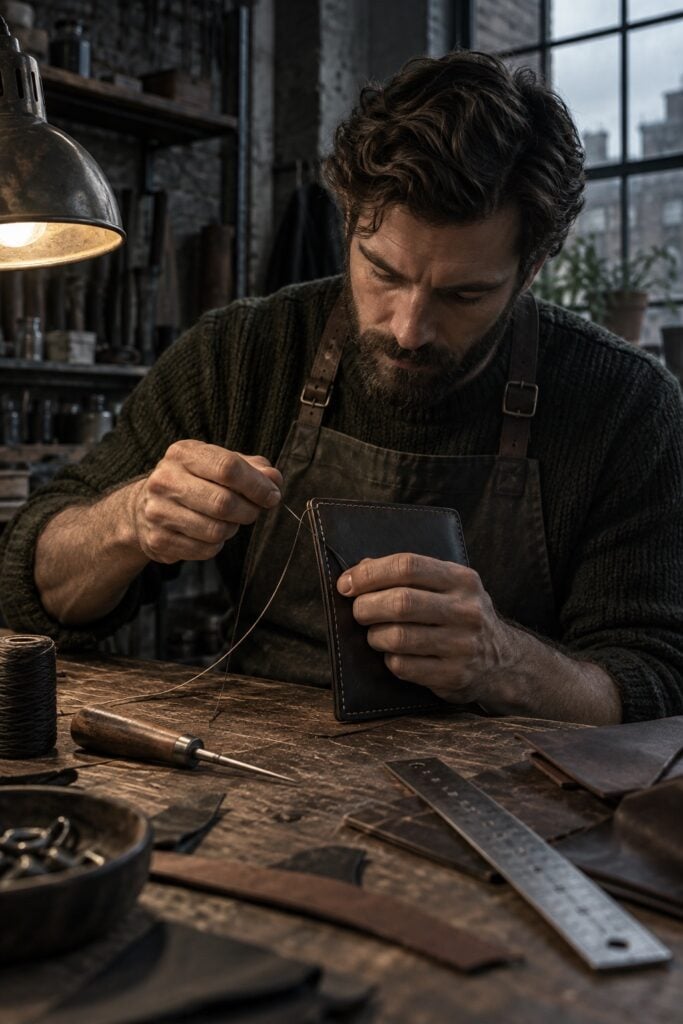 Craftsman hands stitching a black leather wallet at a workshop bench