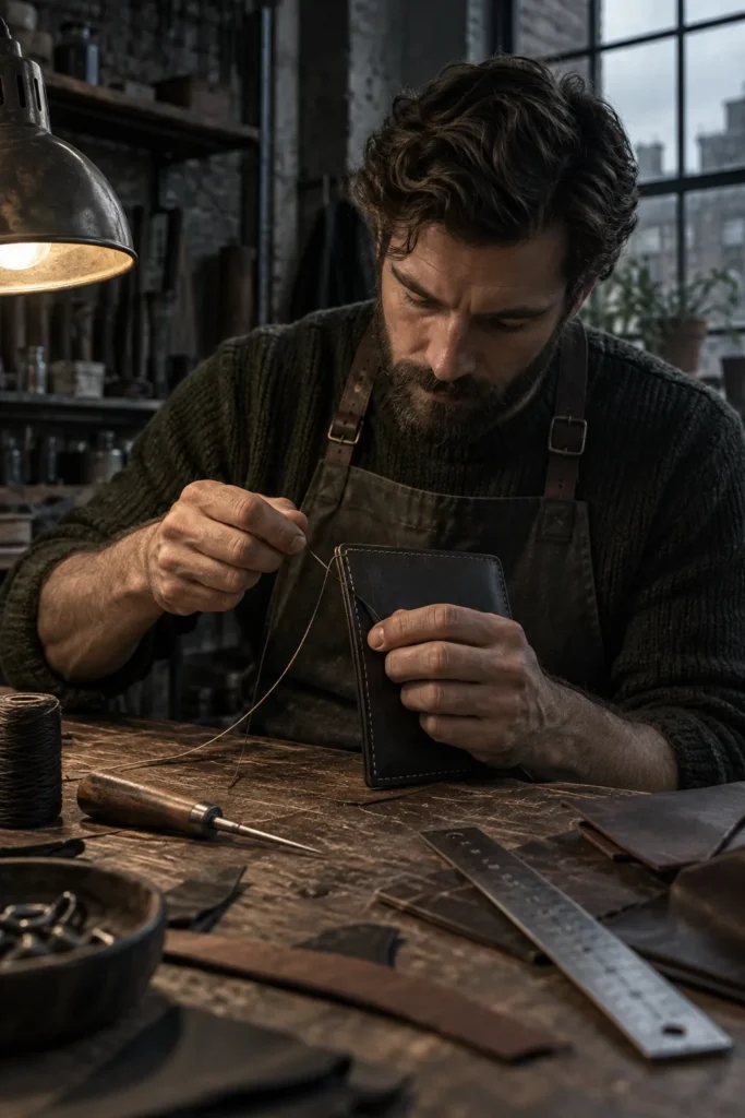 Craftsman hands stitching a black leather wallet at a workshop bench