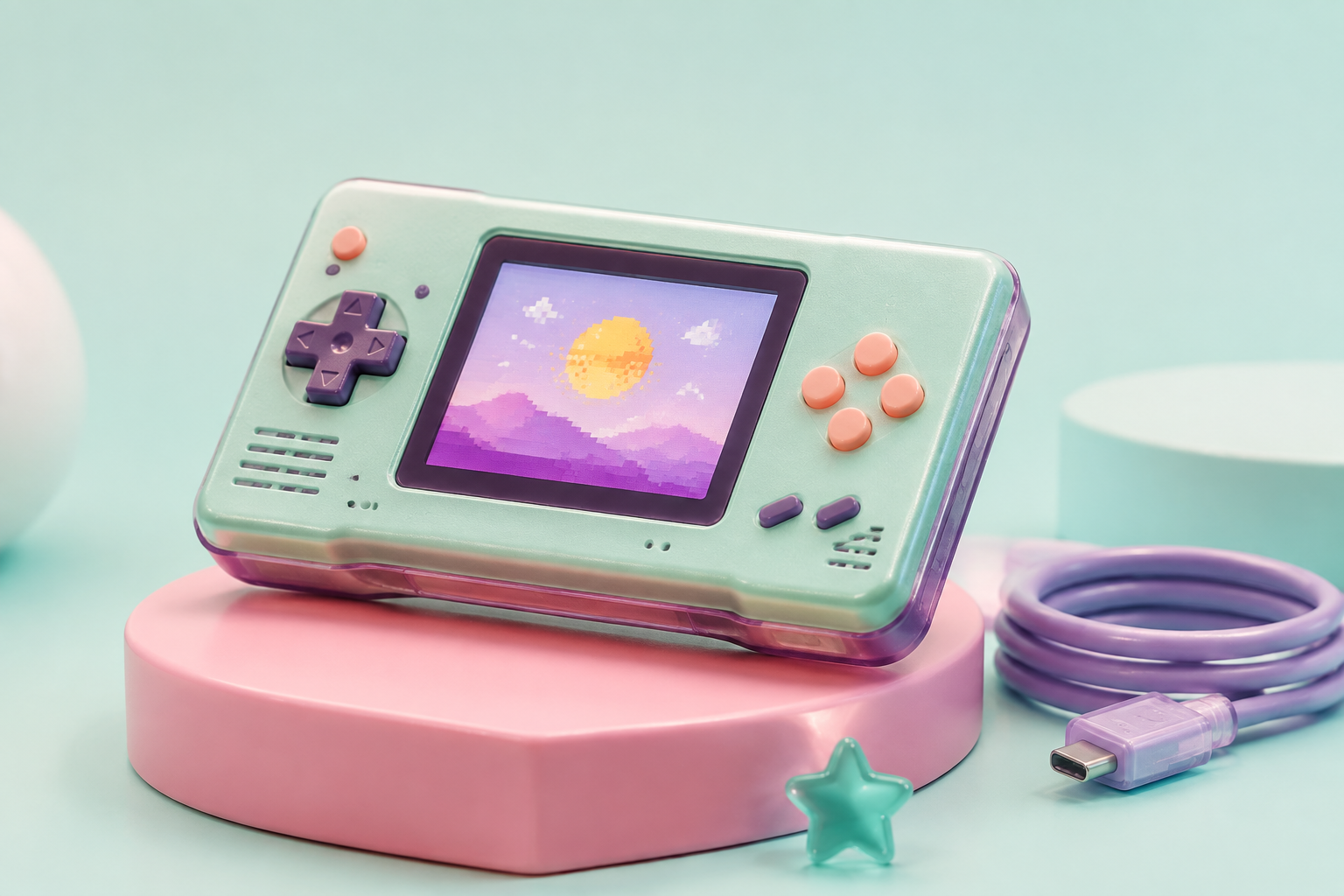 A mint handheld pixel console with peach buttons, a pink pedestal and a lavender cable.