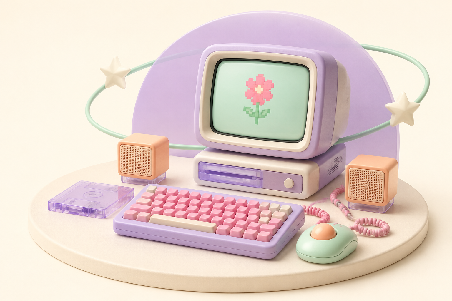 A lavender retro computer with a pink keyboard, mint trackball and peach speakers on a cream plinth.