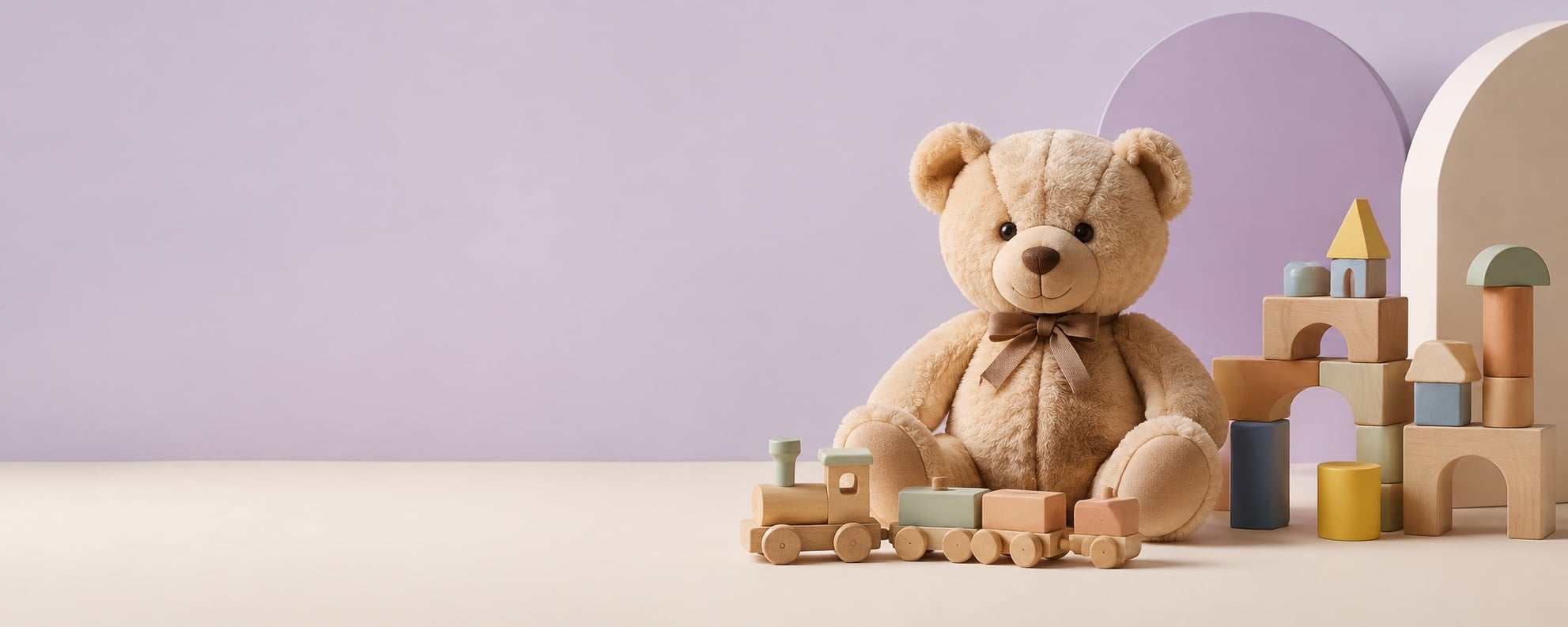 A teddy bear, wooden train and pastel building blocks in a playful lavender studio.